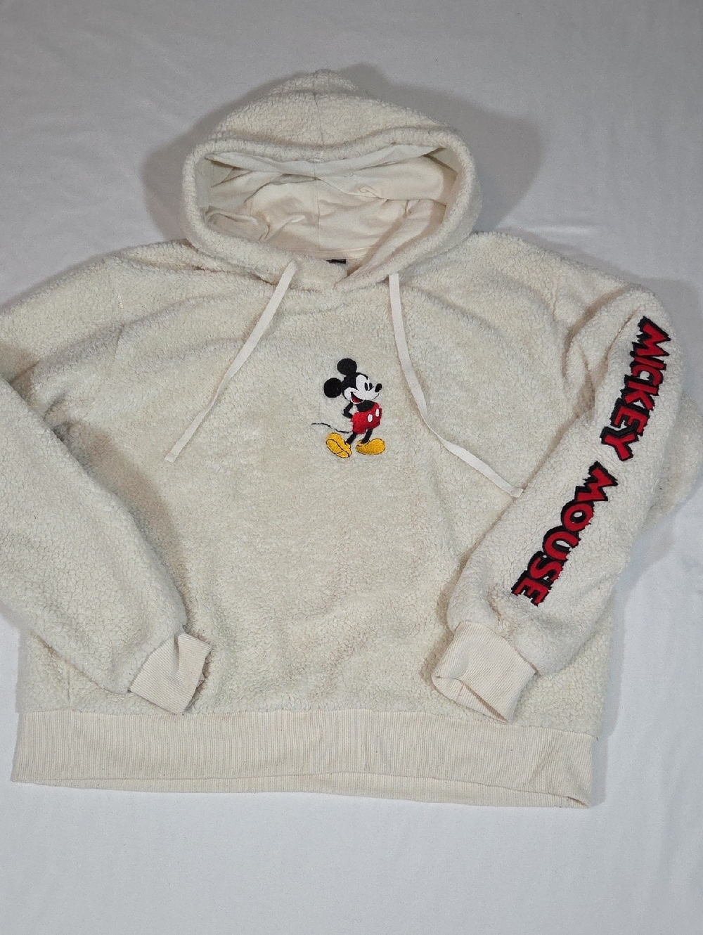Disney Mickey Mouse Hoodie Womens XL Cream Fleece Embroidered Fuzzy Teddy